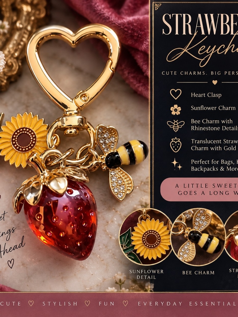 Keychain Charm Pendant in Gold with Red , Sunflower & Bee -